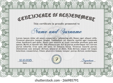 Certificate, Diploma of completion with guilloche pattern and background, border, frame. Certificate of Achievement, Certificate of education, awards, winner.
