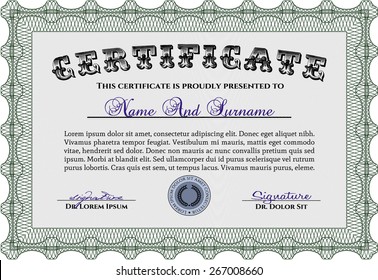 Certificate, Diploma of completion with guilloche pattern and background, border, frame. Certificate of Achievement, Certificate of education, awards, winner.
