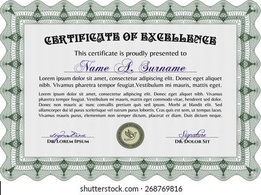 Certificate, Diploma of completion with guilloche pattern and background, border, frame. Certificate of Achievement, Certificate of education, awards, winner.