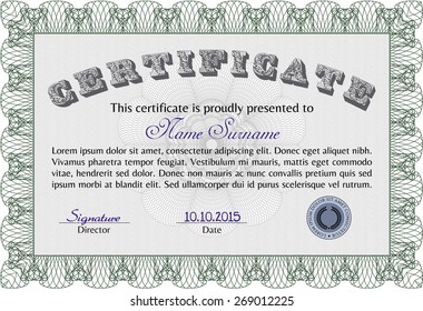 Certificate, Diploma of completion with guilloche pattern and background, border, frame. Certificate of Achievement, Certificate of education, awards, winner.