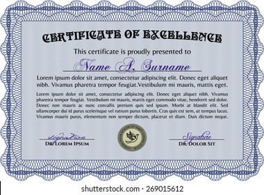 Certificate, Diploma of completion with guilloche pattern and background, border, frame. Certificate of Achievement, Certificate of education, awards, winner.