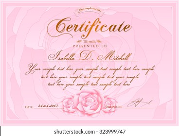 Certificate, Diploma Of Completion (Rose Design Template, Flower Background) With Floral, Pattern, Border, Frame. Certificate Of Achievement, Coupon, Award, Winner Certificate, Pink Female Gift Card