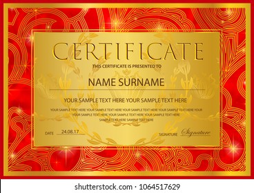 Certificate, Diploma of completion template (abstract design template, gold background) with stars and golden frame
