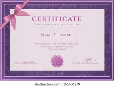 Certificate, Diploma of completion (template, background). Floral (scroll, swirl) pattern (watermark), border, frame, bow. For: Certificate of Achievement, Certificate of education, awards, winner