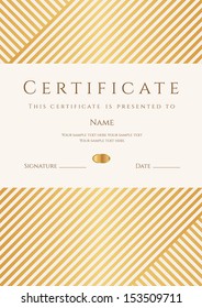 Certificate, Diploma of completion (template, background) with gold stripy (lines) pattern, frame. Certificate of Achievement, awards, winner, degree certificate, business Education (Courses), lessons