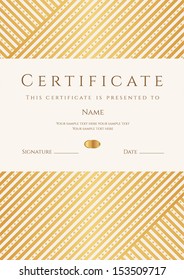 Certificate, Diploma of completion (template, background) with gold stripy (lines) pattern, frame. Certificate of Achievement, awards, winner, degree certificate, business Education (Courses), lessons