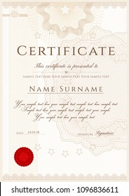 Certificate, Diploma of completion (Vertical design template, white background) with Frame, Border, light Guilloche pattern (watermark) and red emblem, wax seal. Useful for invoice template, deed