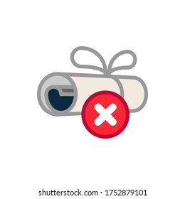 Certificate, diploma with cross mark filled outline icons. Vector illustration. Editable stroke. Isolated icon suitable for web, infographics, interface and apps.