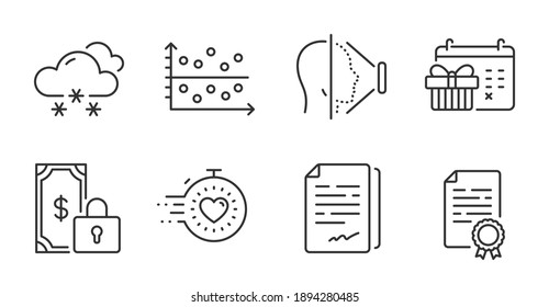 Certificate diploma, Document signature and Snow weather line icons set. Face id, Timer and Dot plot signs. Private payment, Christmas calendar symbols. Quality line icons. Vector