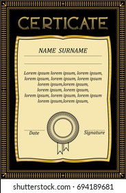 Certificate, diploma, form, frame document with a place for text, greetings, awards. Black with Golden frame, curly Golden border. vector illustration.