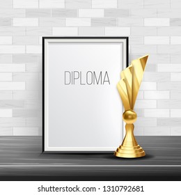 Certificate Diploma With Golden Cup Vector. Award Template. Winner Trophy. A4 Frame. 3D Realistic Illustration