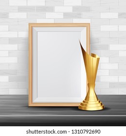 Certificate Diploma With Golden Cup Vector. Elegant Document. Modern Gift. A4 Frame. Display Stand. 3D Realistic Illustration