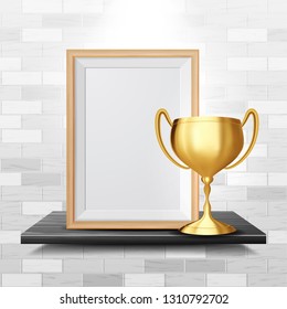 Certificate Diploma With Golden Cup Vector. Luxury Paper. Vintage Appreciation. A4 Frame. 3D Realistic Illustration