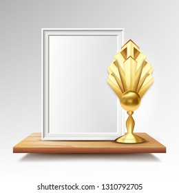Certificate Diploma With Golden Cup Vector. Honor Background. Graduate Champion. A4 Frame. 3D Realistic Illustration