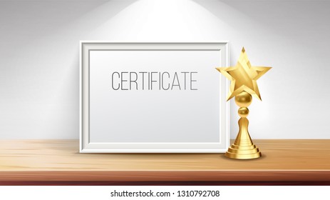 Certificate Diploma With Golden Cup Vector. Print Blank. Business Graduation. A4 Frame. Display Stand. 3D Realistic Illustration