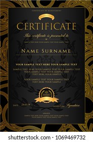 Certificate, Diploma (golden design template, colorful background) with floral, filigree pattern, scroll border, gold frame. Certificate of Achievement, coupon, award, winner certificate
