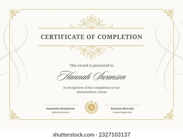 Certificate diploma graduation document vintage golden curved ornament template design vector flat illustration. Educational award achievement flourish calligraphy classic corner frame with seal stamp