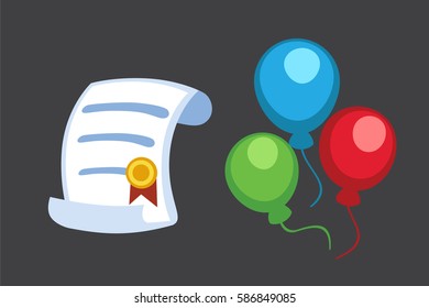 Certificate diploma icon vector illustration. Paper success education graduate school achievement design. University document sign with gold medal.