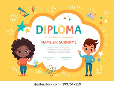 Certificate diploma for kids or children in kindergarten or Elementary Preschool with a cute black girl with curly dark hair waving together with her friend, a cute boy. Vector cartoon illustration