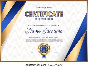 Certificate, Diploma of landscape orientation. Marble background, gold print, frame, luxury premium design.