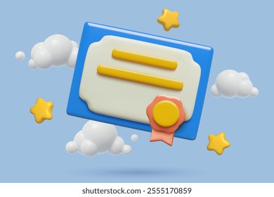 Certificate, diploma or license 3d icon with a badge, stars and clouds on blue background. Vector illustration.