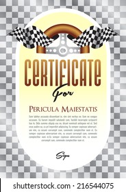 Certificate, Diploma with a motif of the steering wheel and starting board for the winner of motor sport, motor-sports championship race go-karts, auto veteran, veteran race, historic car ride, cars