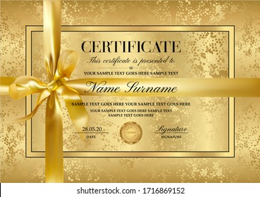 Certificate, Diploma on gold background with ribbon (bow) and golden emblem. Vector template with frame textured border useful for Certificate of Achievement, awards, winner 