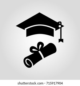 Certificate or diploma paper and square graduation cap icon, graduation symbol or university degree concept flat sign