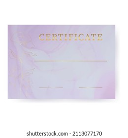 Certificado o diploma con textura de mármol rosa. Elementos dorados florales. En blanco para tu texto. Ilustración vectorial.