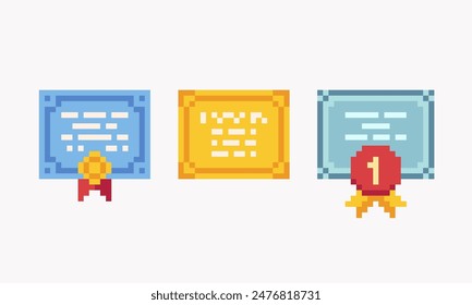 Certificate, diploma pixel art set. Degree, graduate paper collection. 8 bit. Game development, mobile app. Isolated vector illustration. 