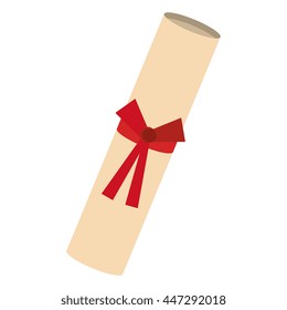 Certificate or diploma with red ribbon on it, vector illustration isolated icon.