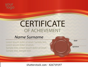 Certificate or diploma red template with wax seal. Winning the competition. Award winner. Vector illustration. 