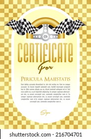 Certificate, diploma with a retro motif of the steering wheel and starting board for the winner of motor sport, motor-sports championship race go-karts, auto veteran, veteran race, historic car ride