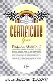 Certificate, diploma with a retro motif of the steering wheel and starting board for the winner of motor sport, motor-sports championship race go-karts, auto veteran, veteran race, historic car ride