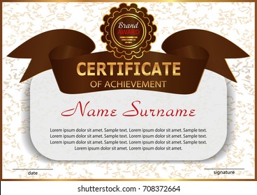 Certificate or diploma. Reward. Elegant design with golden ribbon.  Vector illustration.
