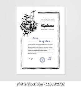 Certificate, Diploma, Subject - Music. Design Template. A Vector.