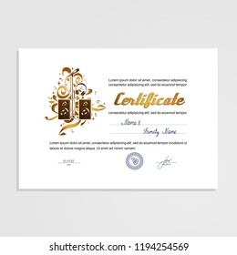 Certificate, Diploma, subject - music. Design template. A vector.