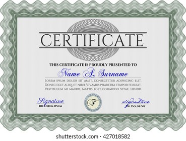 Certificate or diploma template. Border, frame. With background. Good design. Green color.