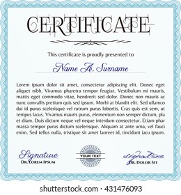Plantilla de certificado o diploma. Borde, marco. Con fondo. Buen diseño. Color azul claro.