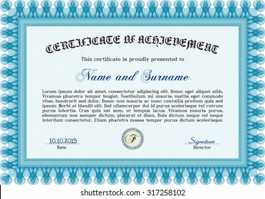 Certificate or diploma template. Complex background. Detailed.Cordial design. 