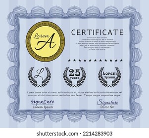 Certificate or diploma template.  Cordial design.  With guilloche pattern and background.    Blue color.