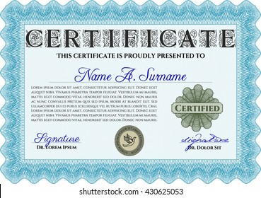 Certificate or diploma template. Cordial design. Customizable, Easy to edit and change colors. Easy to print. Light blue color.