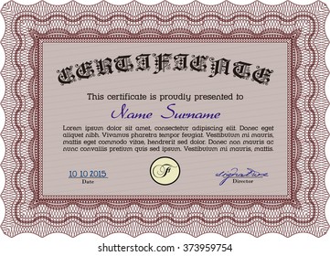 Certificate or diploma template. Customizable, Easy to edit and change colors. Easy to print. Cordial design. Red color.