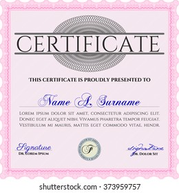 Certificate or diploma template. Customizable, Easy to edit and change colors. Easy to print. Cordial design. Pink color.