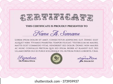 Certificate or diploma template. Customizable, Easy to edit and change colors. Easy to print. Cordial design. Pink color.