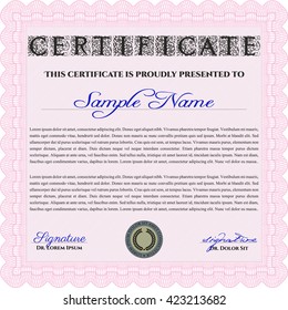 Certificate or diploma template. Customizable, Easy to edit and change colors. Cordial design. Easy to print. Pink color.