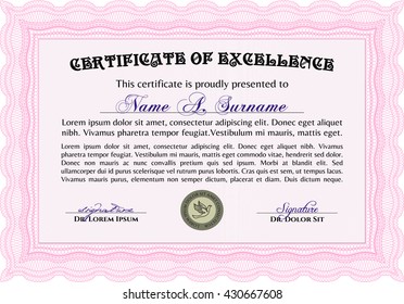 Zeugnis oder Diplomvorlage. Anpassbar, einfach zu bearbeiten und die Farben zu ändern. Einfach zu drucken. Herzliches Design. Rosa Farbe.