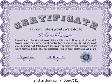 Certificate or diploma template. Customizable, Easy to edit and change colors. Easy to print. Cordial design. Violet color.