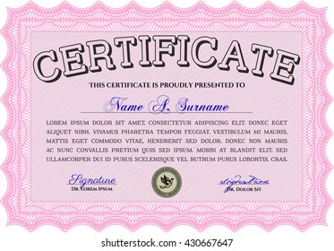 Certificate or diploma template. Customizable, Easy to edit and change colors. Easy to print. Cordial design. Pink color.