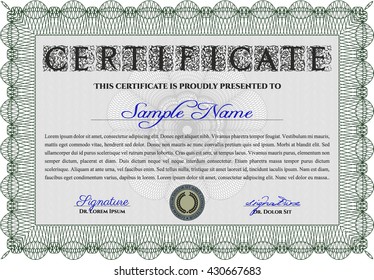 Certificate or diploma template. Customizable, Easy to edit and change colors. Easy to print. Cordial design. Green color.